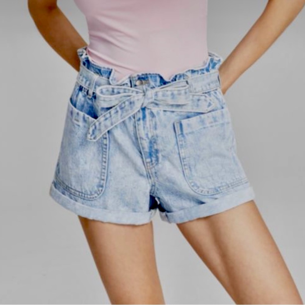 And Now This Paper Bag Waist High Rise Light Blue Denim Shorts Size 32